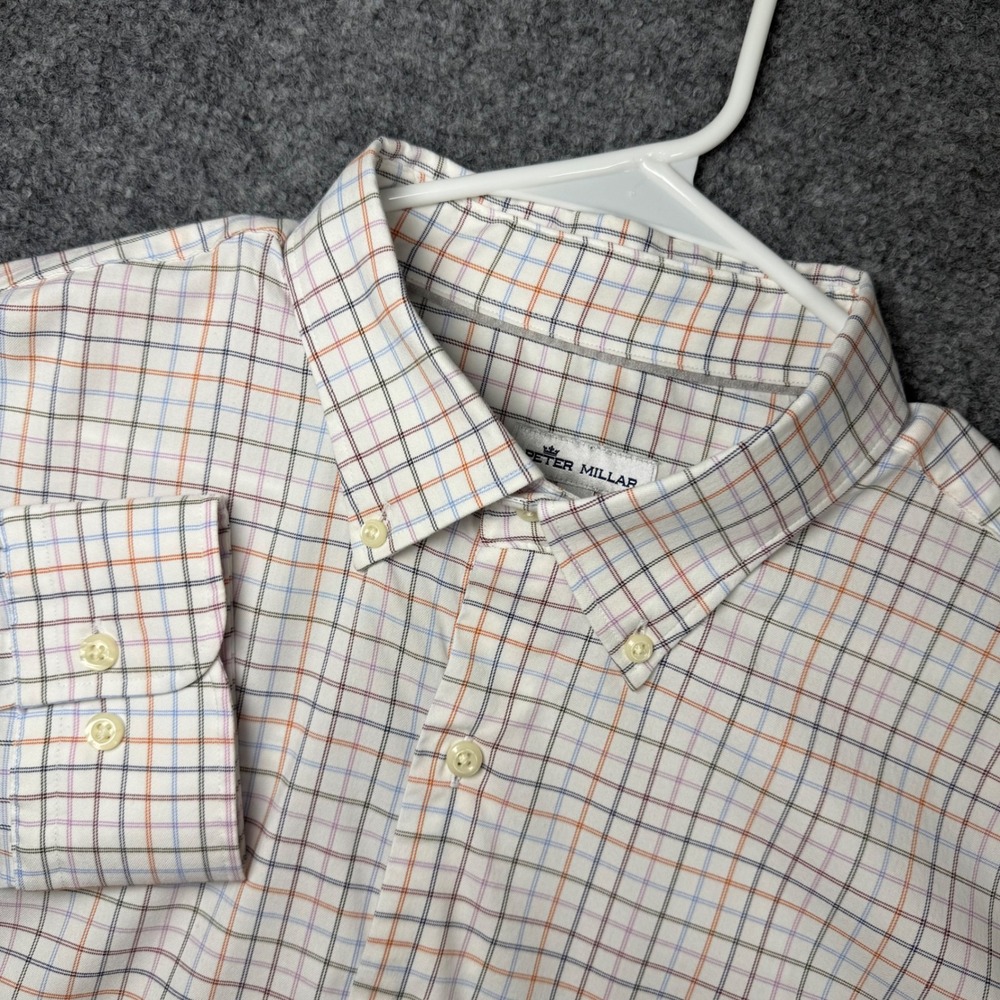 Peter Millar Performance Button Down Men Mens XL White Plaid Stretch Long Sleeve - Picture 1 of 12